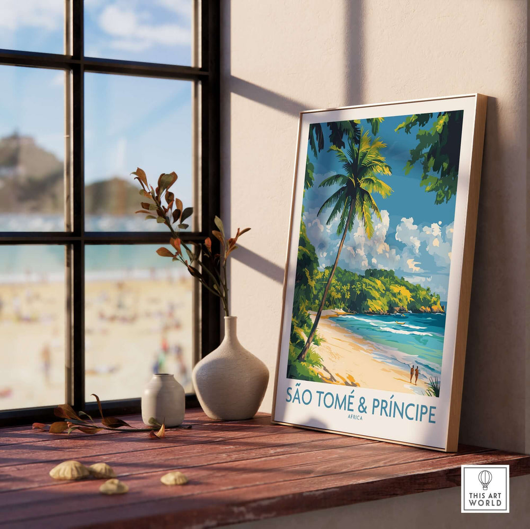 Vibrant São Tomé & Príncipe beach art print displayed in a sunny room, perfect for home decor and travel inspiration.