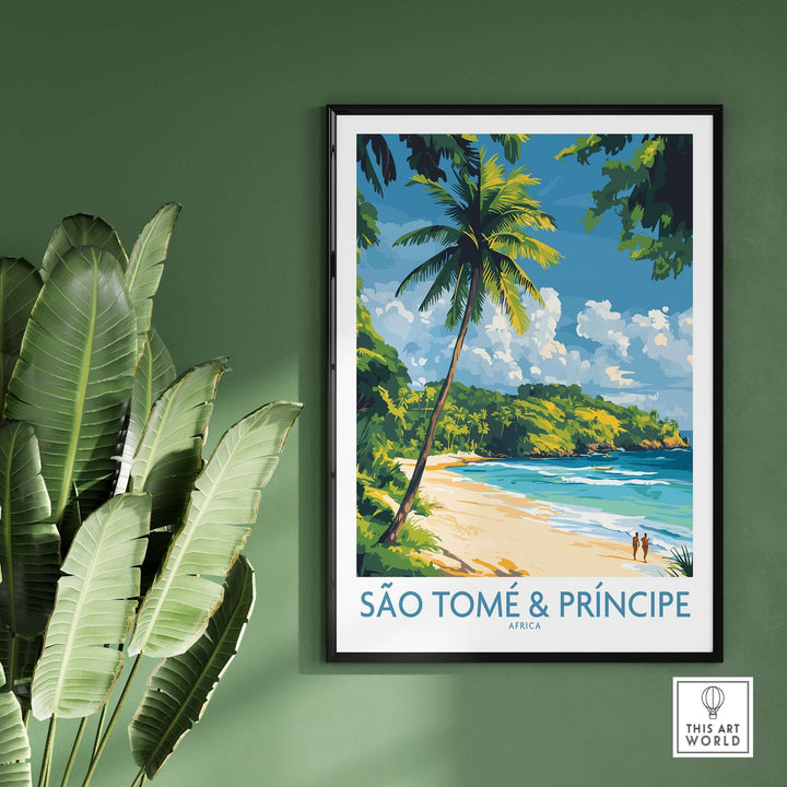 Vibrant beach art print of São Tomé & Príncipe, showcasing palm trees and crystal-clear waters for home decor.
