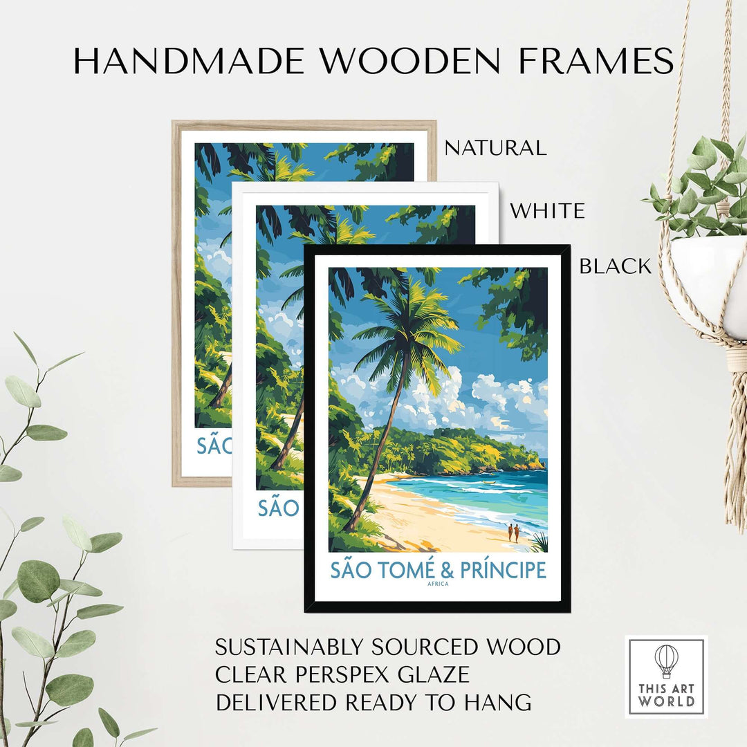 Handmade wooden frames in natural, white, and black for São Tomé & Príncipe beach prints, ready to hang.