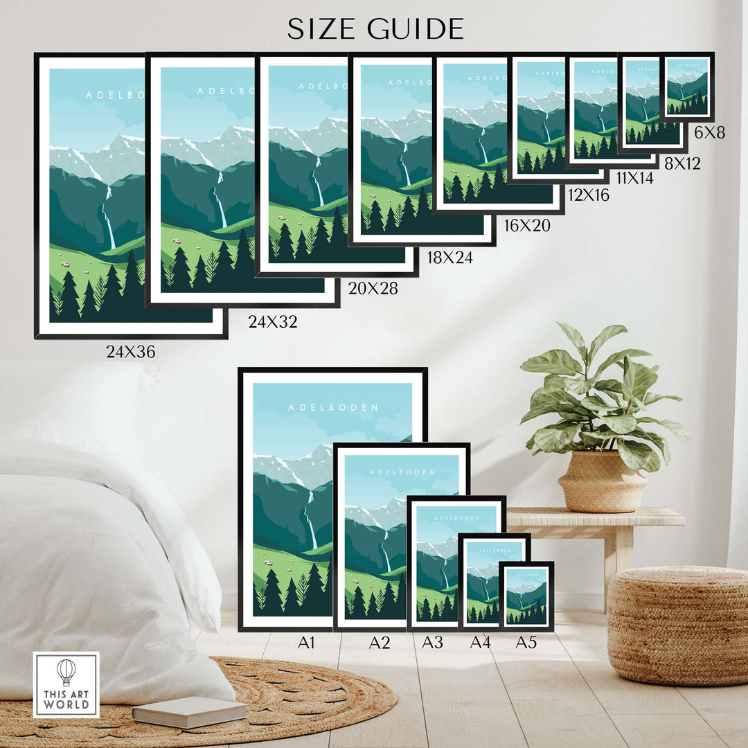 Size guide for Adelboden Travel Poster Print showcasing various frame sizes and a nature-inspired home decor setting.
