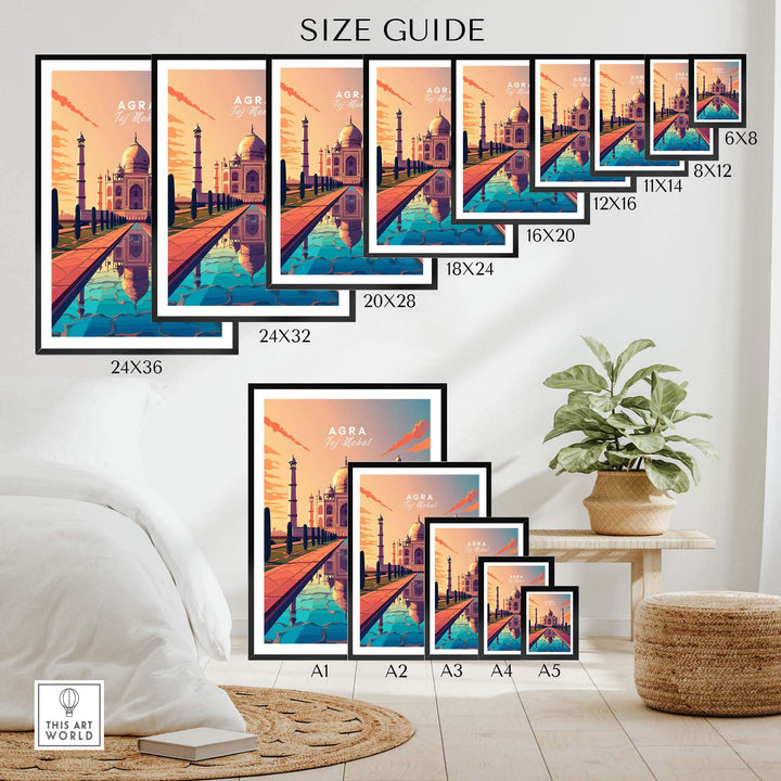 Size guide displaying various sizes of Taj Mahal Agra wall art prints for home decor.