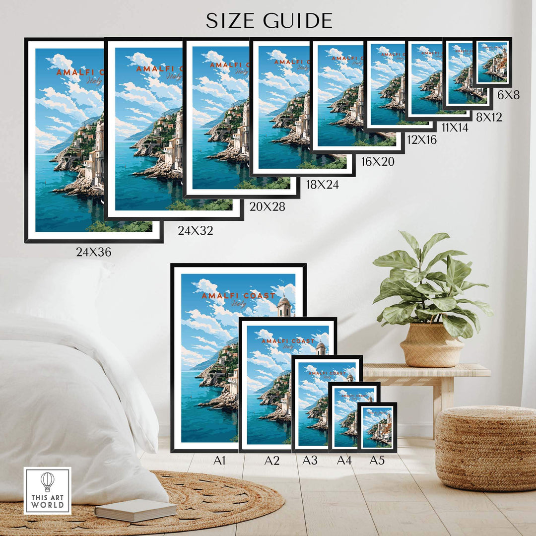 Size guide for Amalfi Coast Italy Travel Poster prints displayed in a stylish interior setting.
