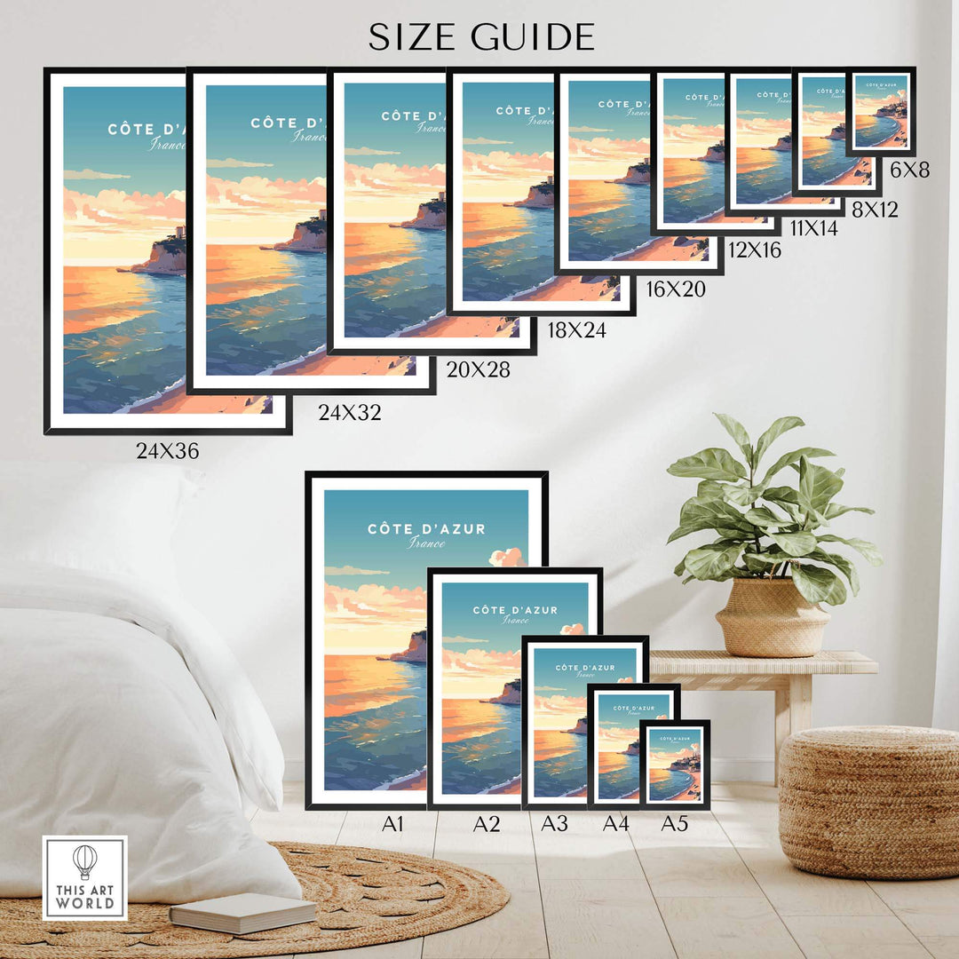 Size guide for Côte d'Azur Travel Poster Print showcasing various frame sizes and a coastal landscape design.