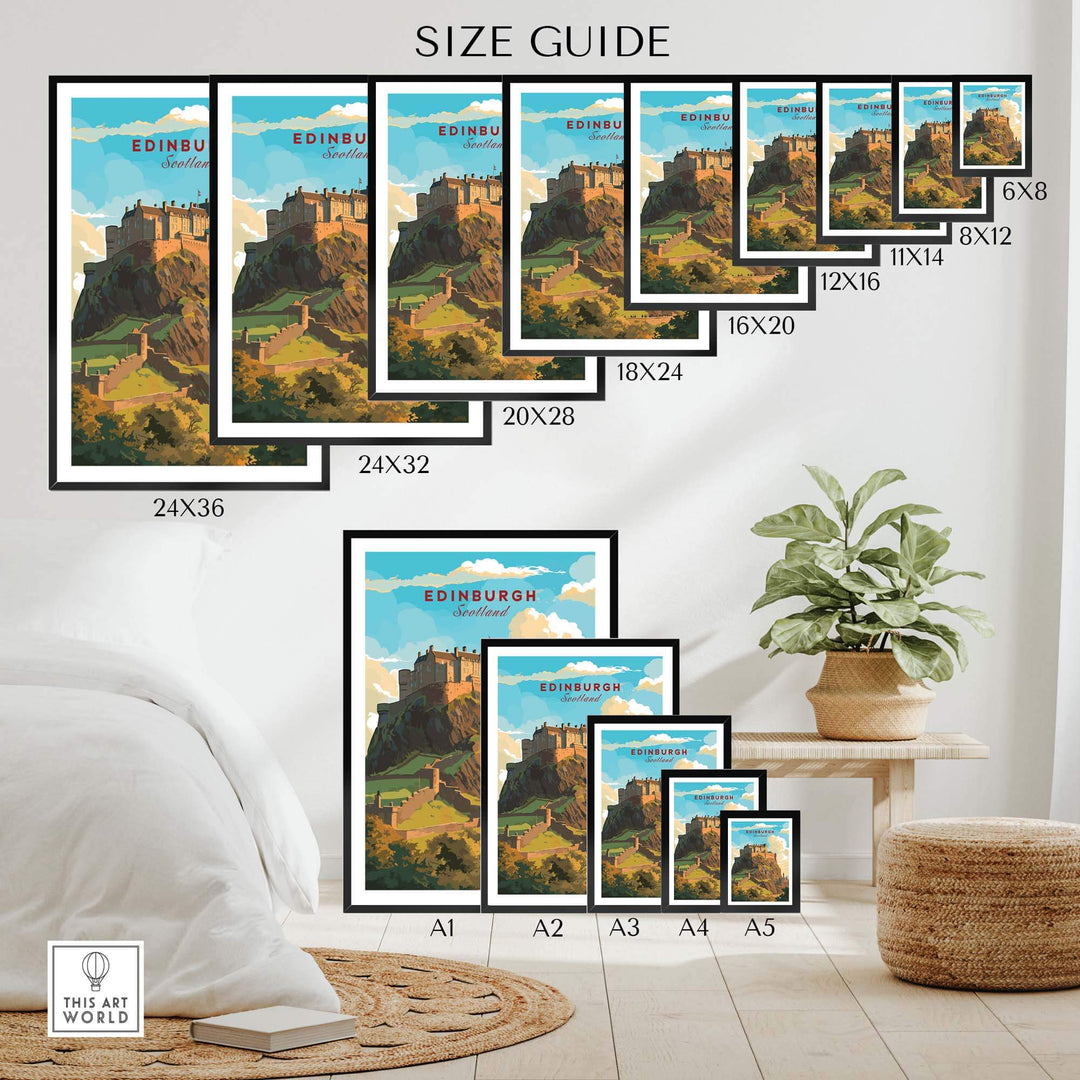 Size guide for Edinburgh Poster Print showcasing various frame sizes in a cozy home setting.