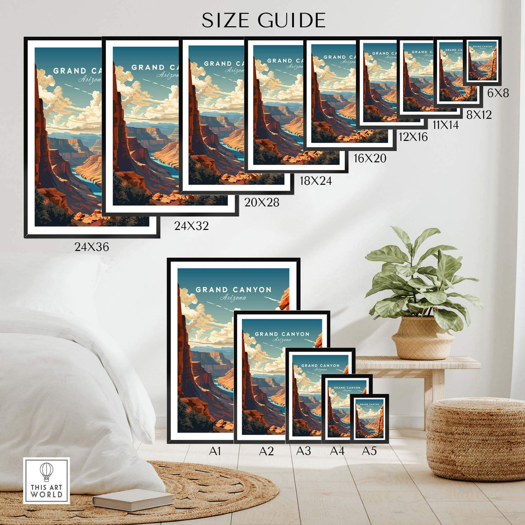 Grand Canyon poster size guide showcasing various dimensions and frame styles for a stunning Arizona art print.