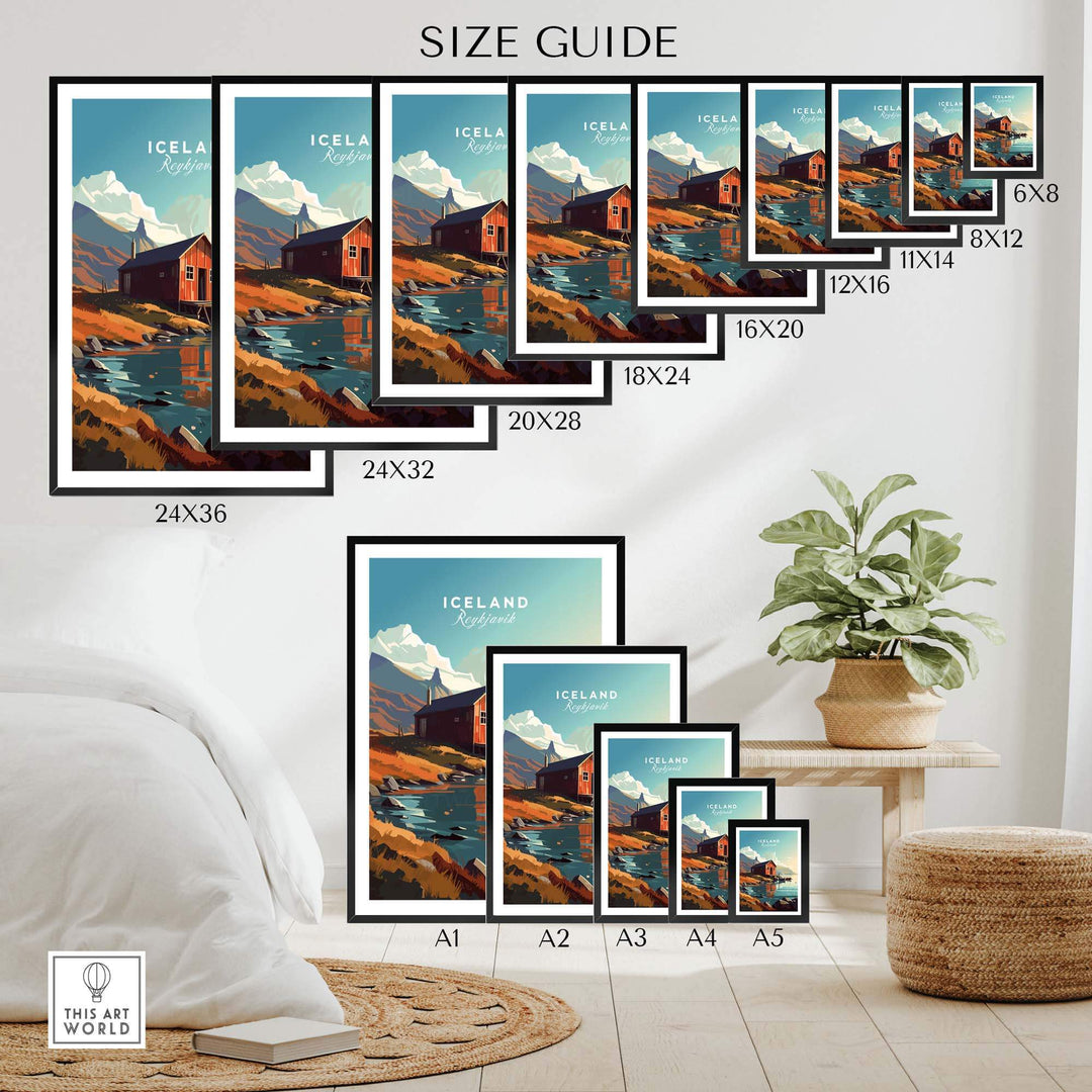 Size guide for Iceland Poster Reykjavik showcasing various frame sizes for home decor.