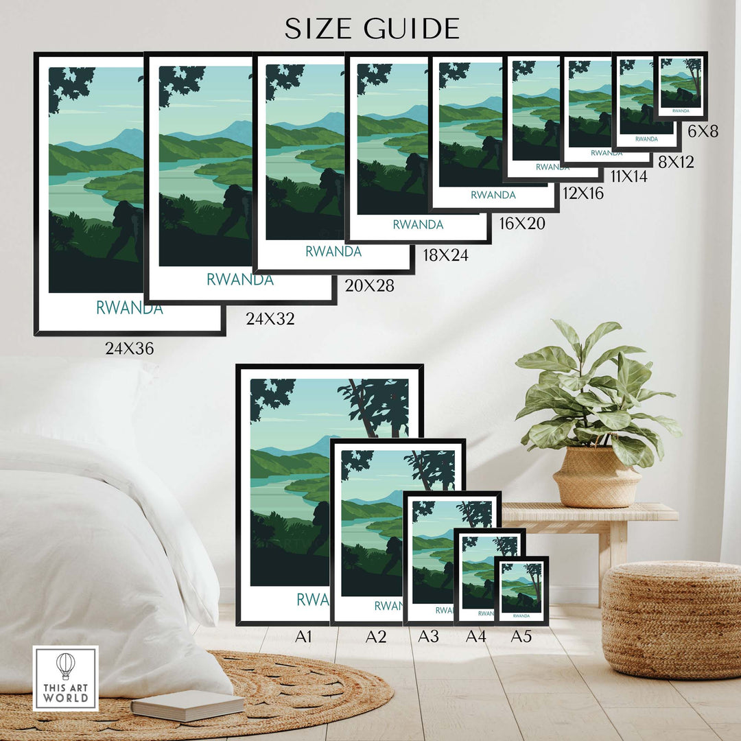 Size guide for Rwanda Mountain Gorilla wall art prints in various dimensions on display.