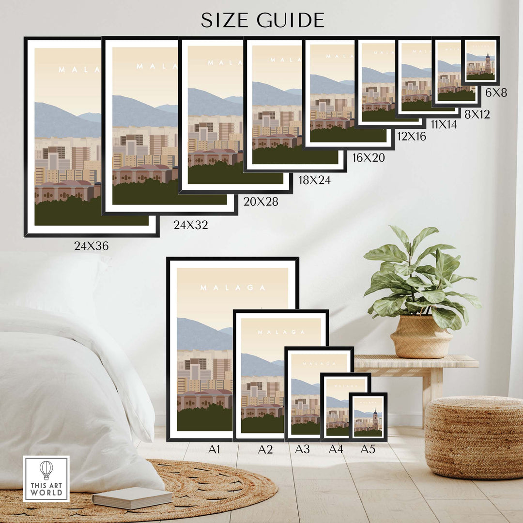 Malaga Travel Poster Print size guide displayed on a stylish decor background with various print sizes.