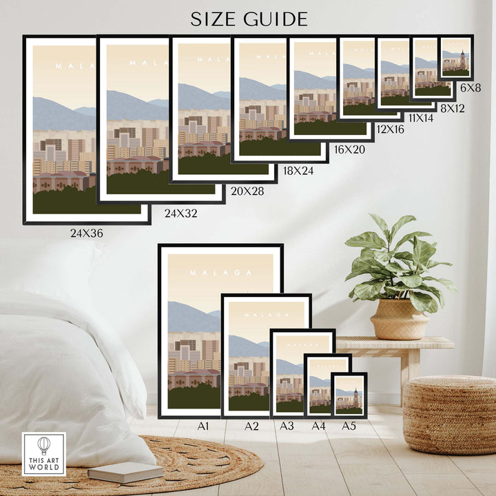 Malaga Travel Poster Print size guide displayed on a stylish decor background with various print sizes.