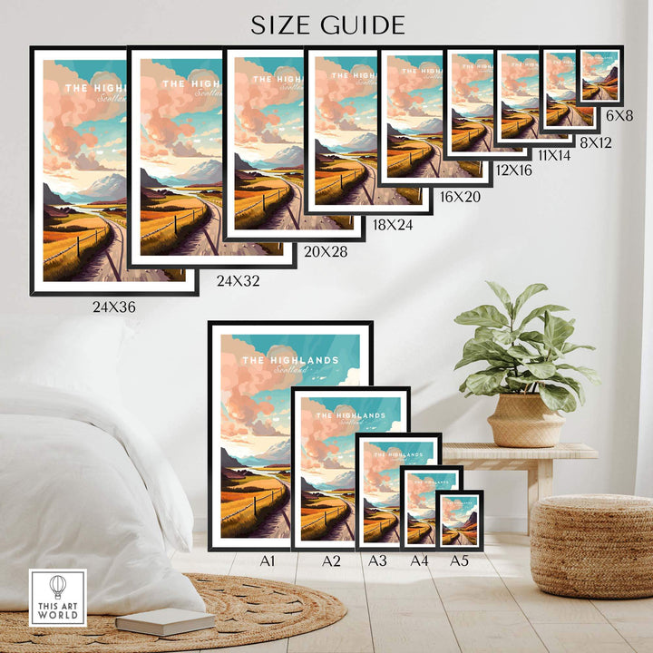 Art print size guide featuring Scottish Highlands landscape artwork in various frame sizes displayed in a cozy interior setting.