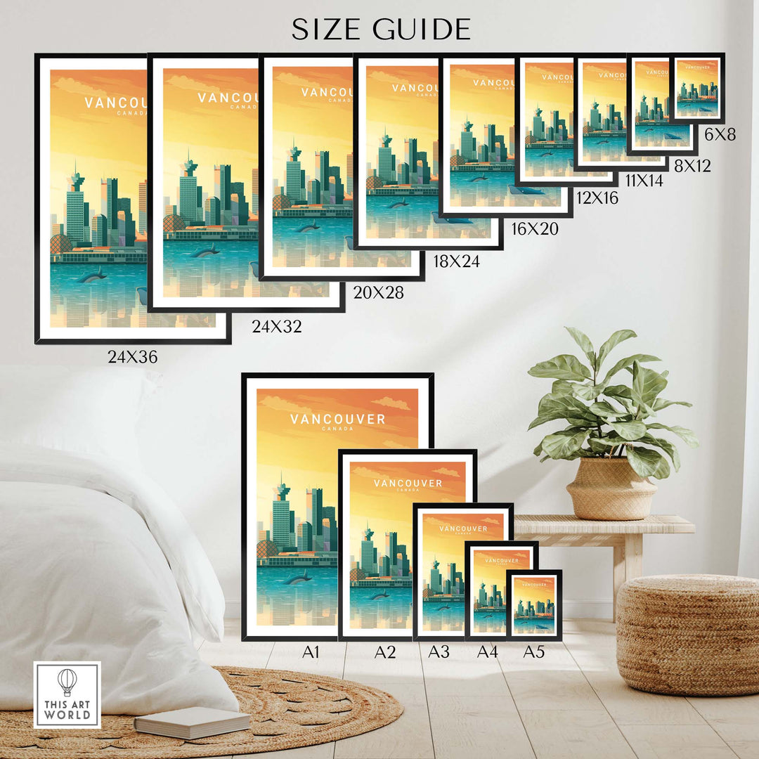 Vancouver Canada travel poster print size guide showcasing various frame options in a stylish interior setting.