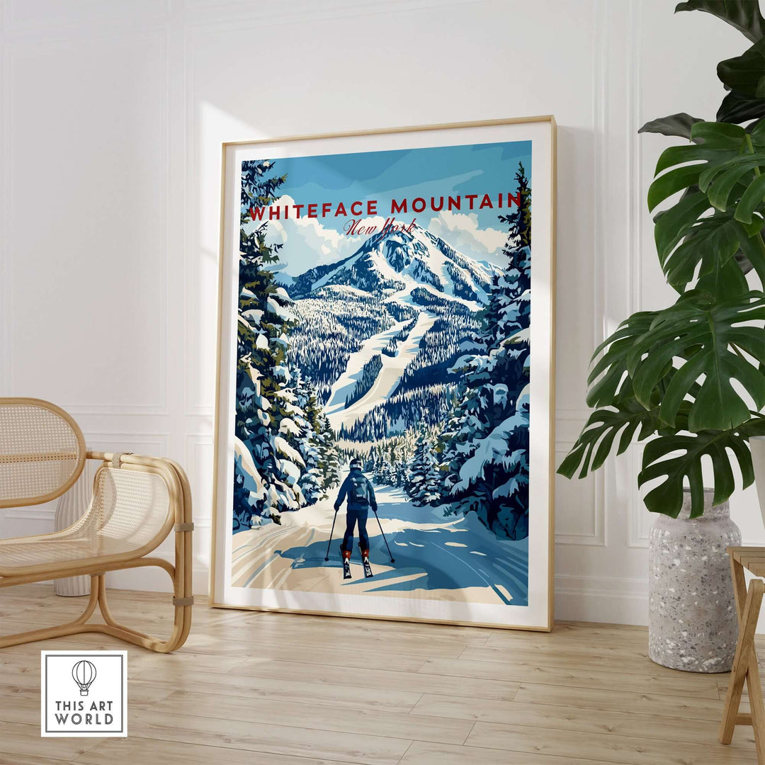 Whiteface Mountain ski poster showcasing a skier in winter landscape, perfect New York winter wall art for home decor.