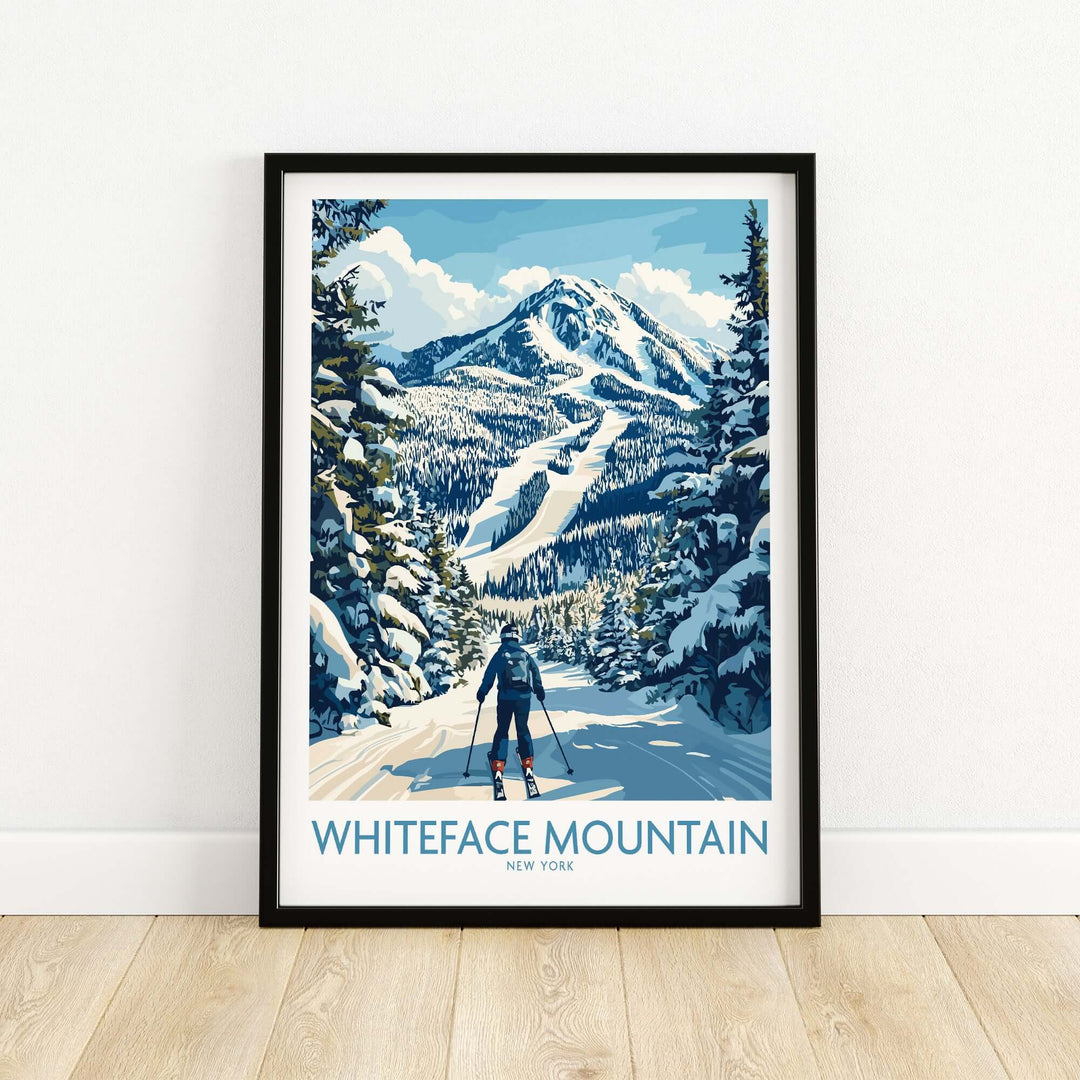 Whiteface New York print featuring a skier on a snowy mountain with trees, perfect skiing scene wall art.