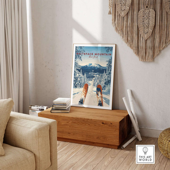 Whiteface Mountain snowy scene print featuring ski gear in a cozy living room setting, perfect for winter decor.