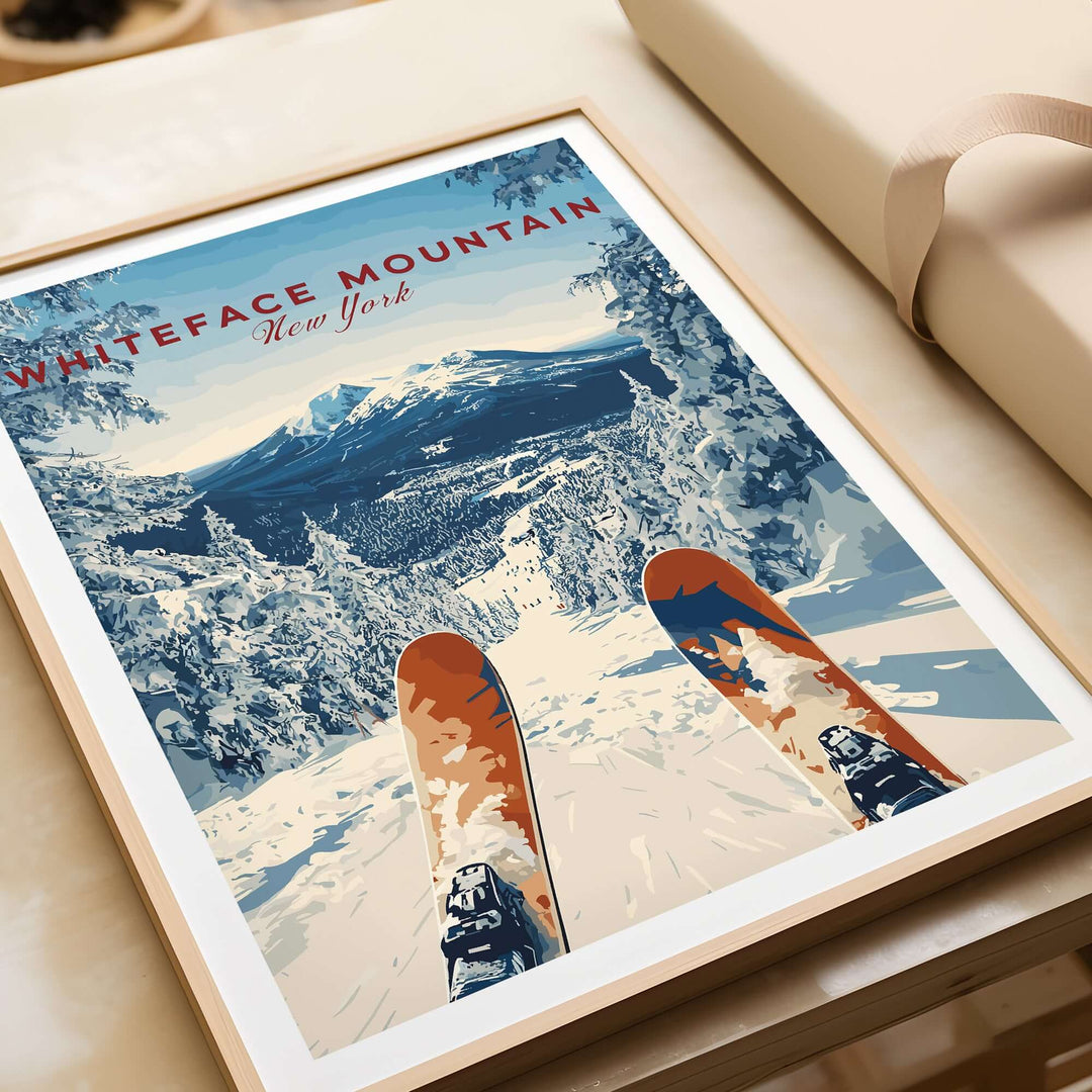Whiteface Mountain print showcasing snowy slopes and skis, perfect for winter decor or ski enthusiasts.
