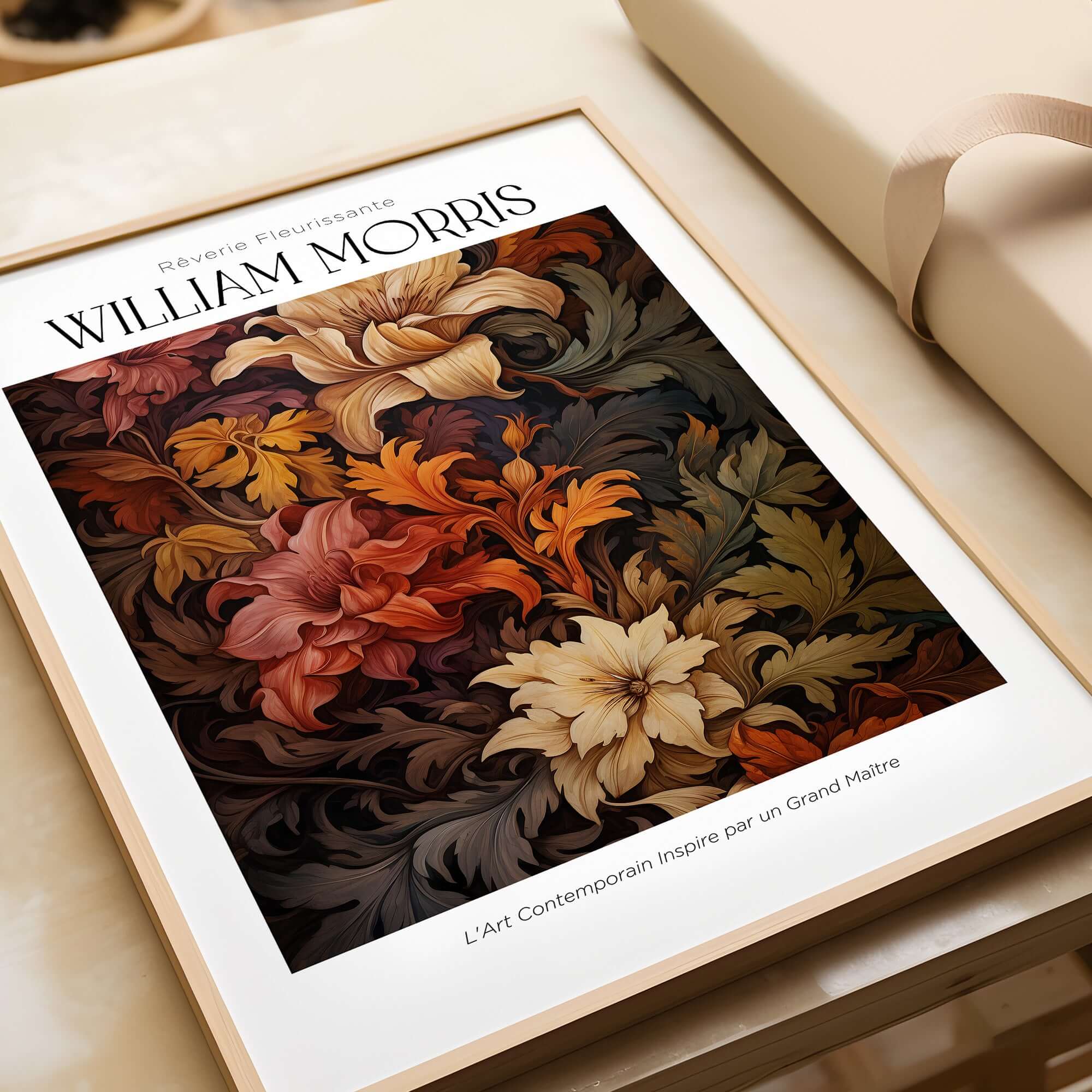 William Morris floral art print featuring autumnal colors and intricate foliage patterns in a stylish frame.