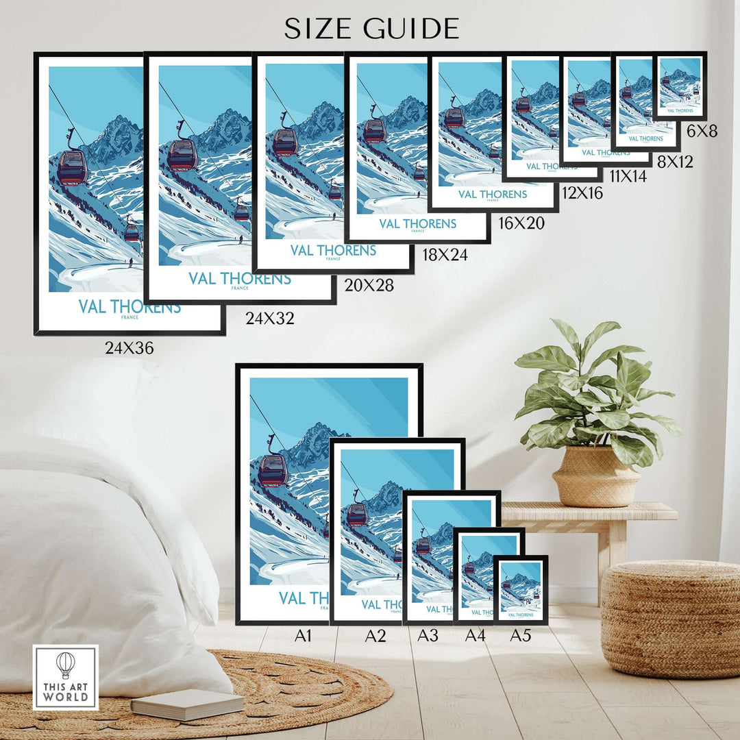 Size guide for Val Thorens winter sports poster showcasing different frame sizes and designs.