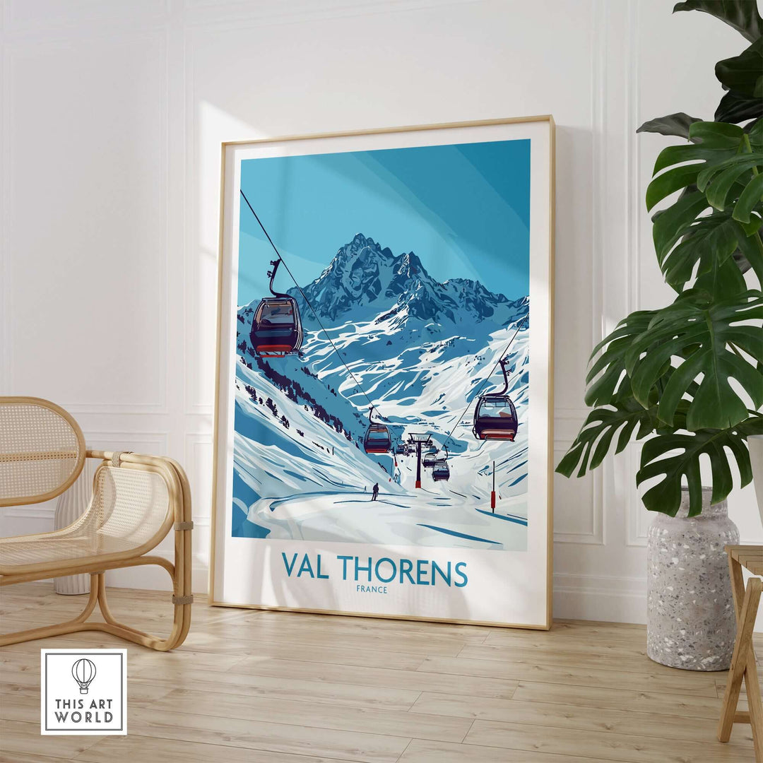 Val Thorens ski resort poster featuring gondolas and snowy mountains, perfect wall art for ski enthusiasts.