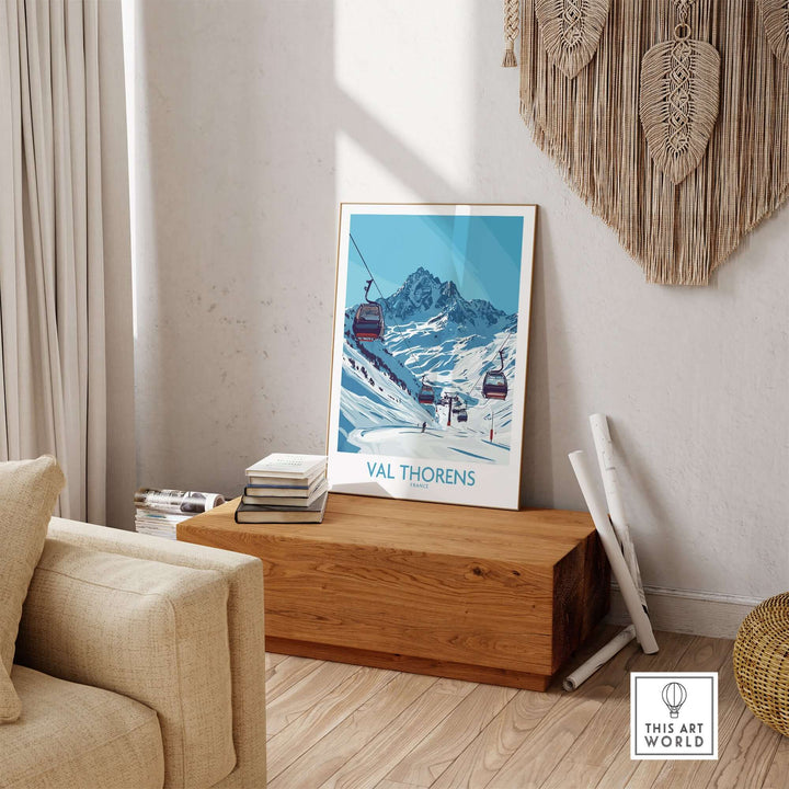 Winter sports poster of Val Thorens ski resort featuring gondolas and snow-capped mountains in a cozy room setting.