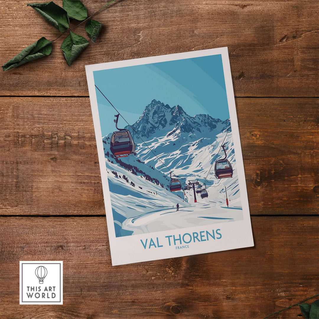 Val Thorens ski resort poster featuring gondolas and snowy mountains, ideal wall art for winter sports lovers.