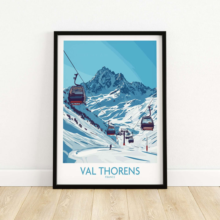 Winter sports poster of Val Thorens ski resort featuring gondolas and snow-capped mountains.
