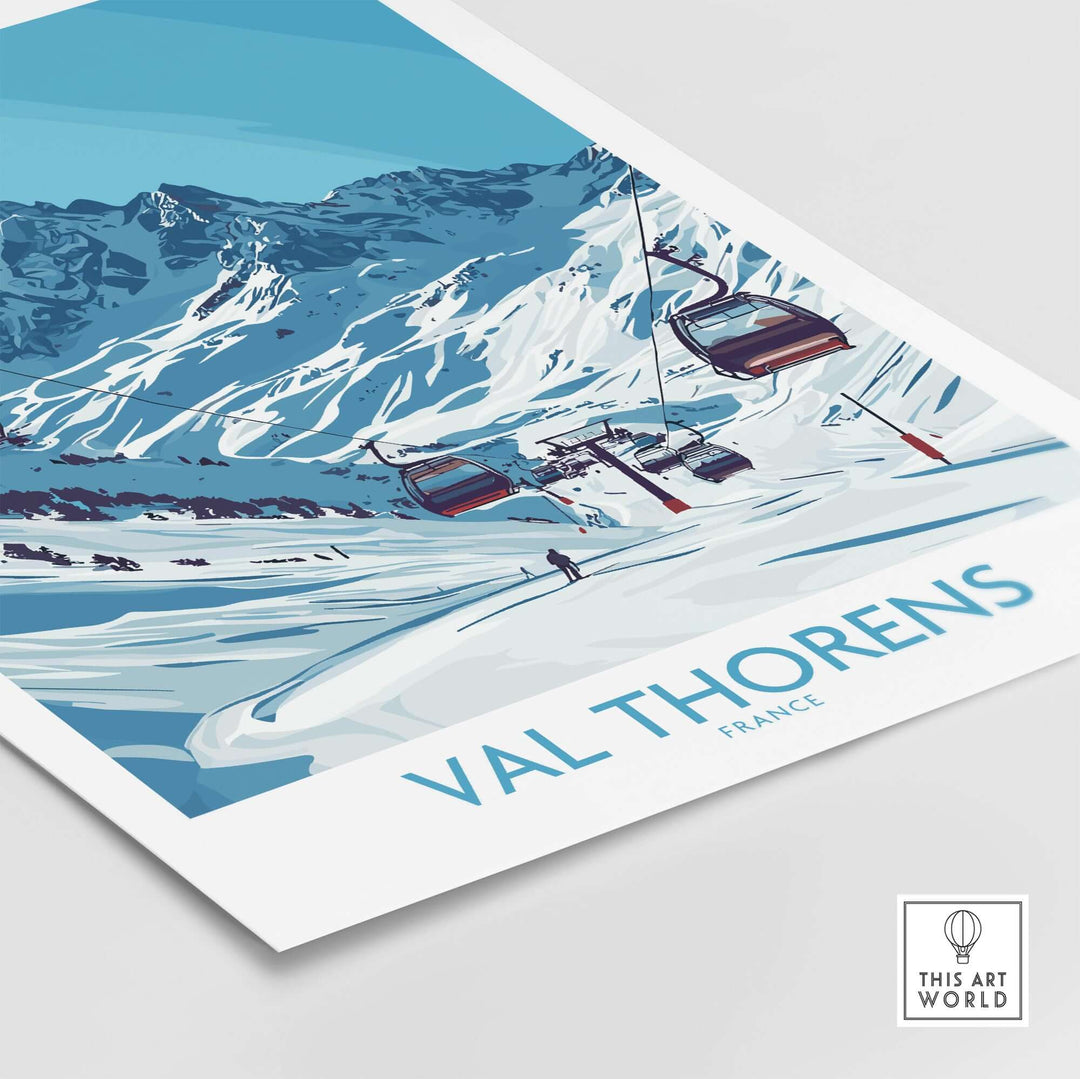 Winter sports poster featuring Val Thorens ski resort, showcasing ski lifts and snowy mountains in vibrant colors.