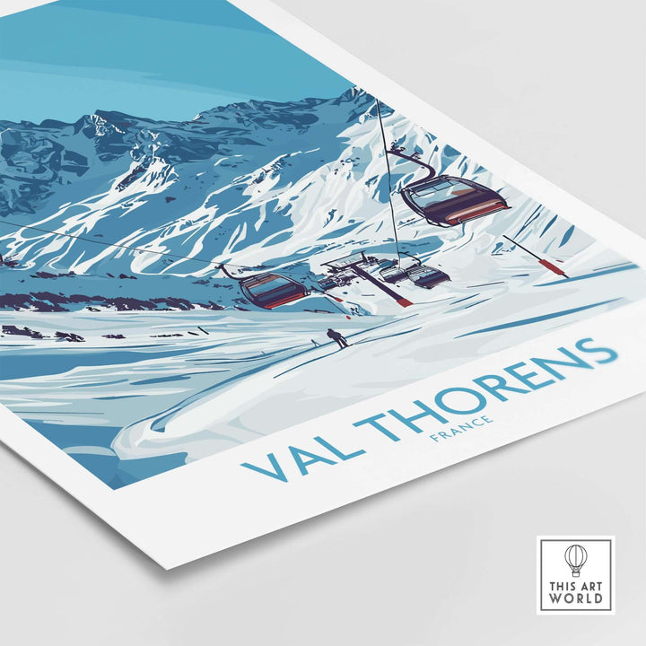 Winter sports poster featuring Val Thorens ski resort, showcasing ski lifts and snowy mountains in vibrant colors.