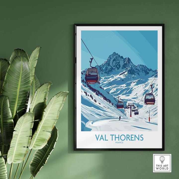 Winter Sports Poster featuring Val Thorens ski resort with gondolas against a stunning mountain backdrop.