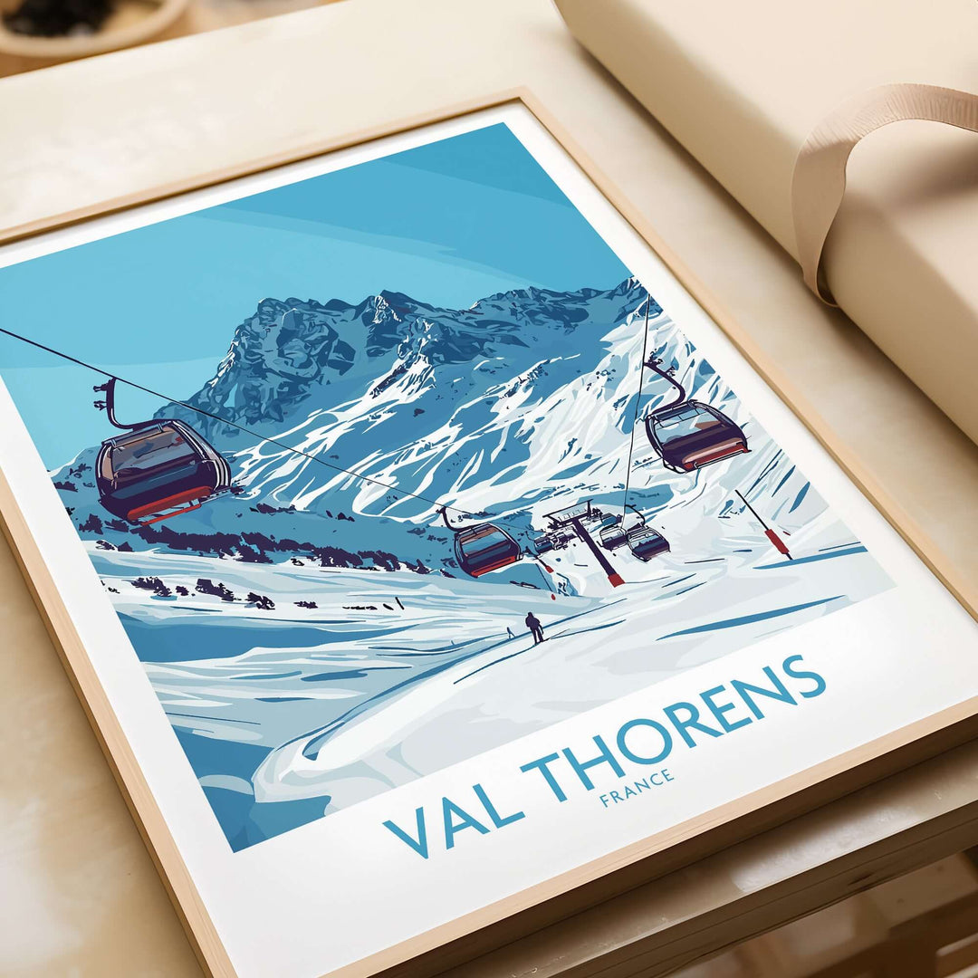 Winter sports poster featuring Val Thorens ski resort, showcasing stunning mountain scenery and ski lifts.