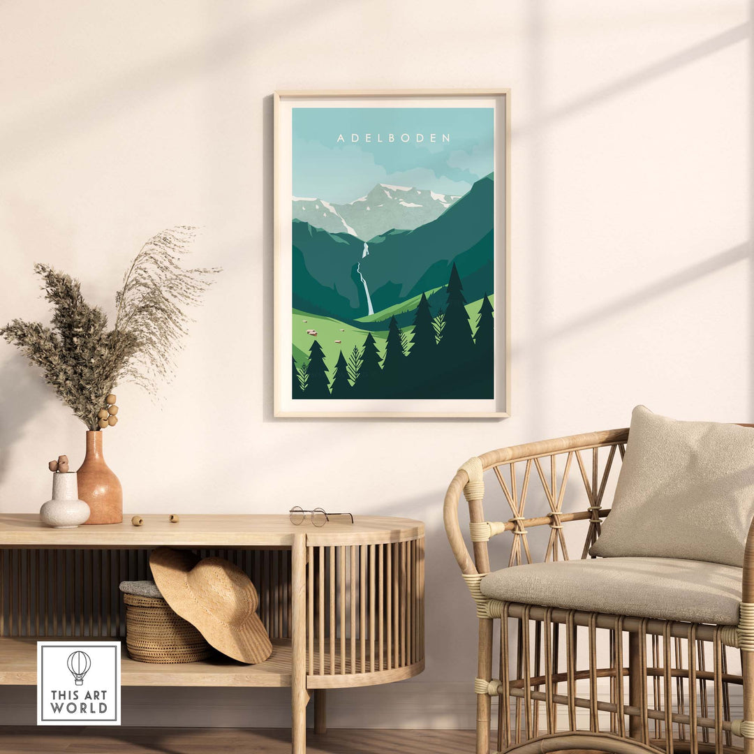 Adelboden travel poster print showcasing Swiss mountains and lush landscapes, perfect for wall art decor.