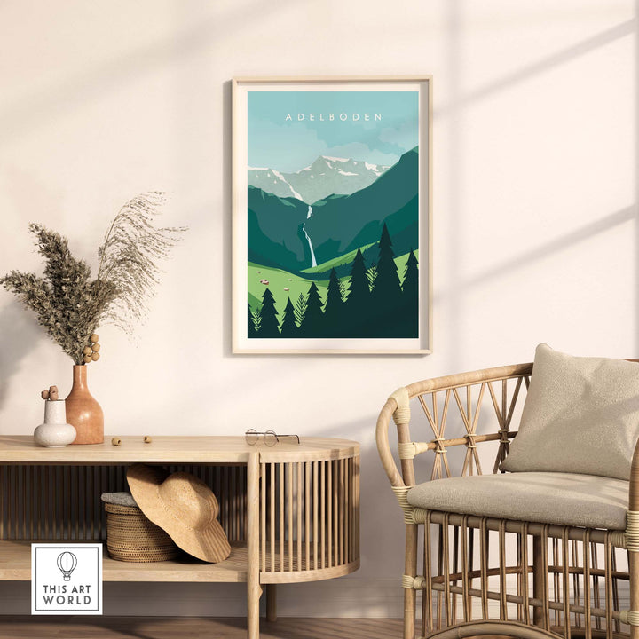 Adelboden travel poster print showcasing Swiss mountains and lush landscapes, perfect for wall art decor.