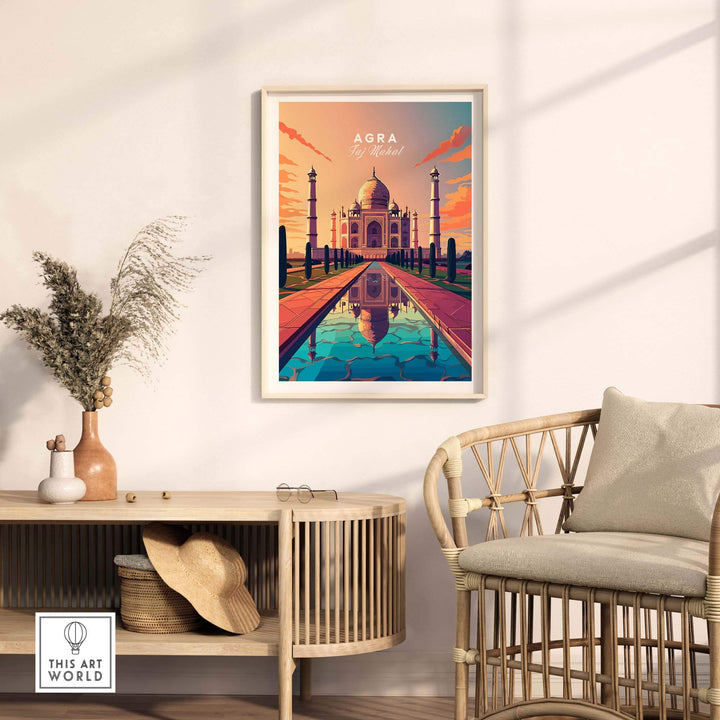 Taj Mahal Agra Wall Art featuring vibrant colors and reflection, perfect for home decor or gallery wall.