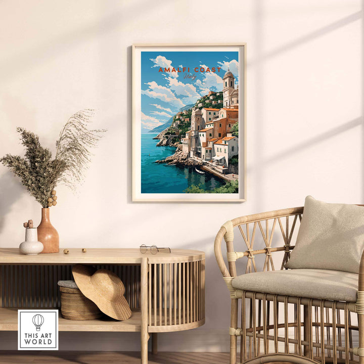 Amalfi Coast Italy travel poster showcasing picturesque landscapes and pastel colors in a stylish home decor setting.