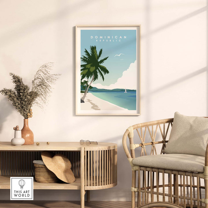 Dominican Republic travel poster print with vibrant colors and tropical scenery, perfect for home decor.