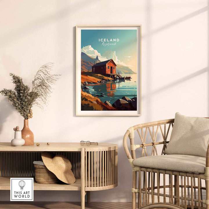 Iceland Poster Reykjavik featuring a scenic landscape with a red cabin by the water, perfect for home decor.