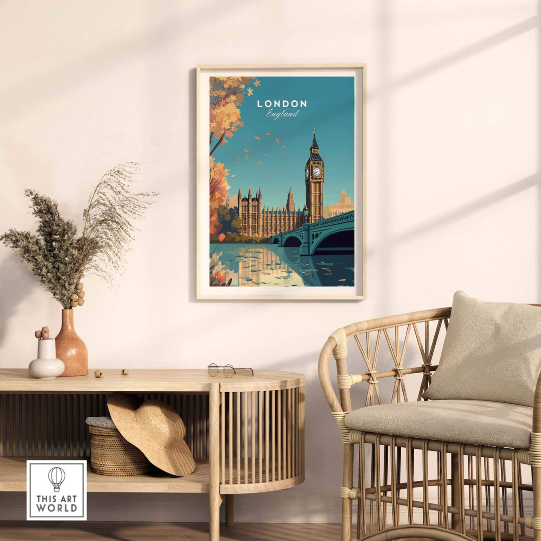 Vibrant London wall art print featuring Big Ben and landmarks in a stylish home setting with natural decor.