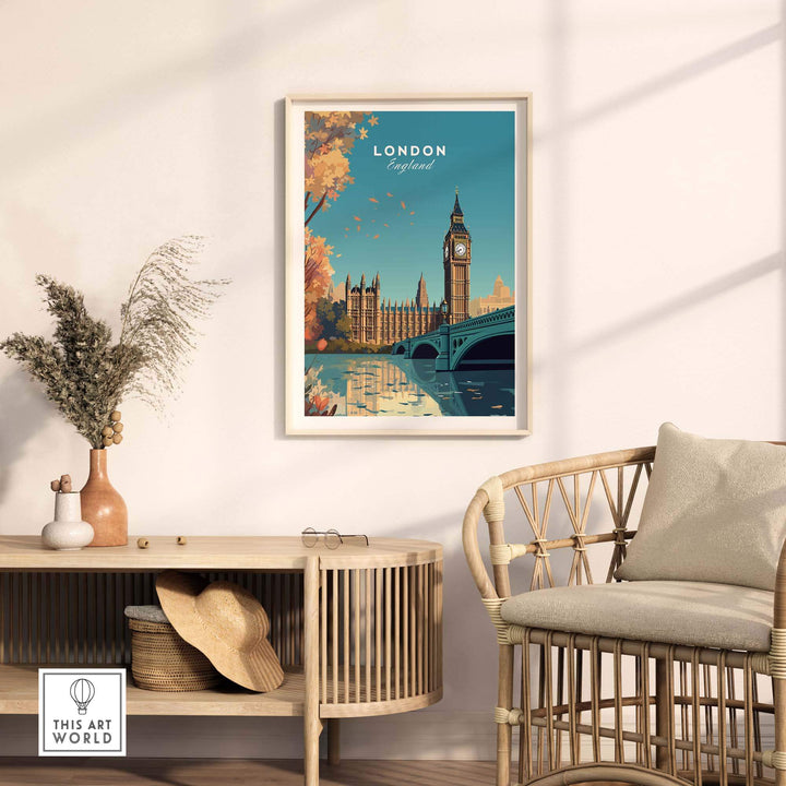 Vibrant London wall art print featuring Big Ben and landmarks in a stylish home setting with natural decor.