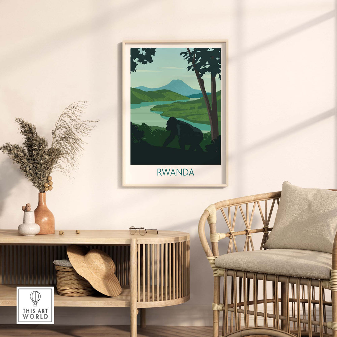 Rwanda Mountain Gorilla wall art print featuring vibrant colors and lifelike detail in a stylish home setting.