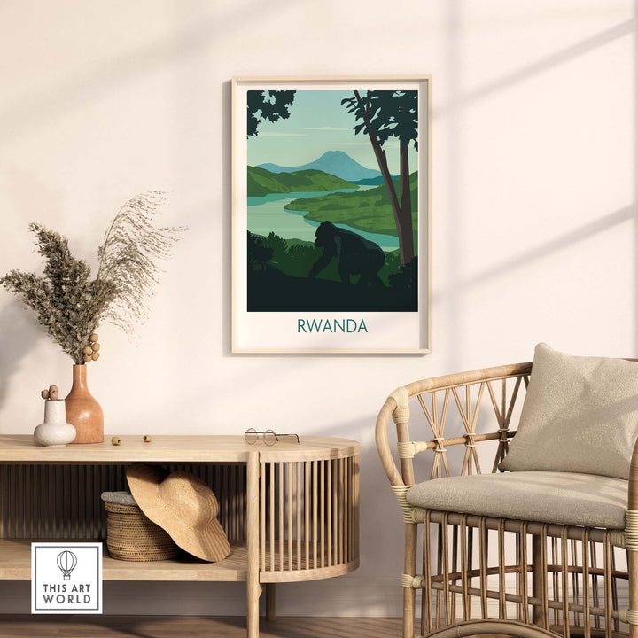 Rwanda Mountain Gorilla wall art print featuring vibrant colors and lifelike detail in a stylish home setting.