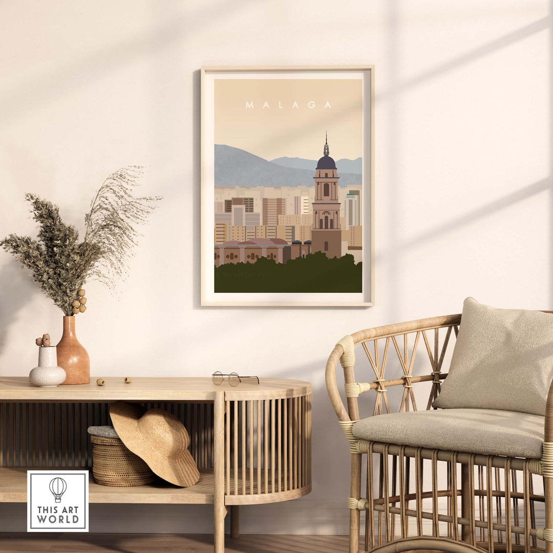 Minimalist Malaga Travel Poster Print displayed in a modern living room, perfect for home decor.
