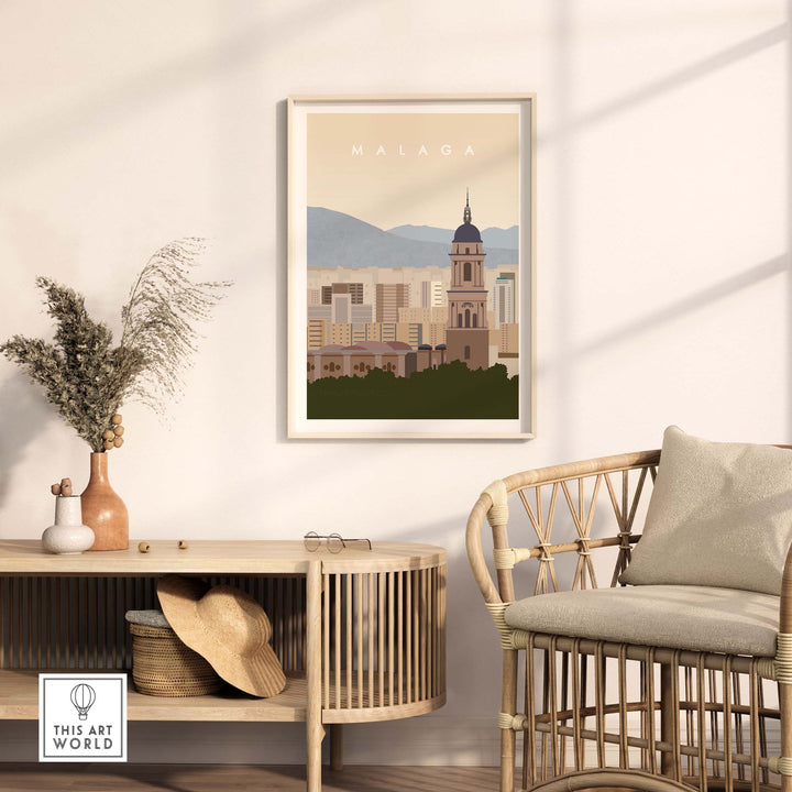 Minimalist Malaga Travel Poster Print displayed in a modern living room, perfect for home decor.