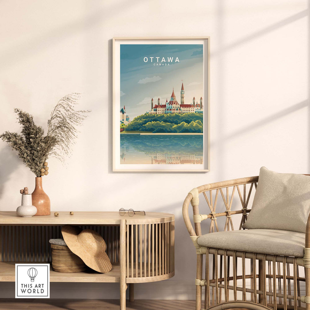 Ottawa Canada travel poster print featuring vibrant colors and modern design, displayed in an elegant living room setting.