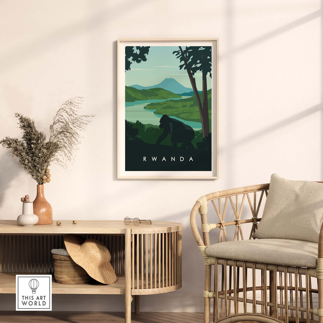 Rwanda travel poster print featuring lush landscapes and a mountain gorilla, perfect for safari-inspired decor.