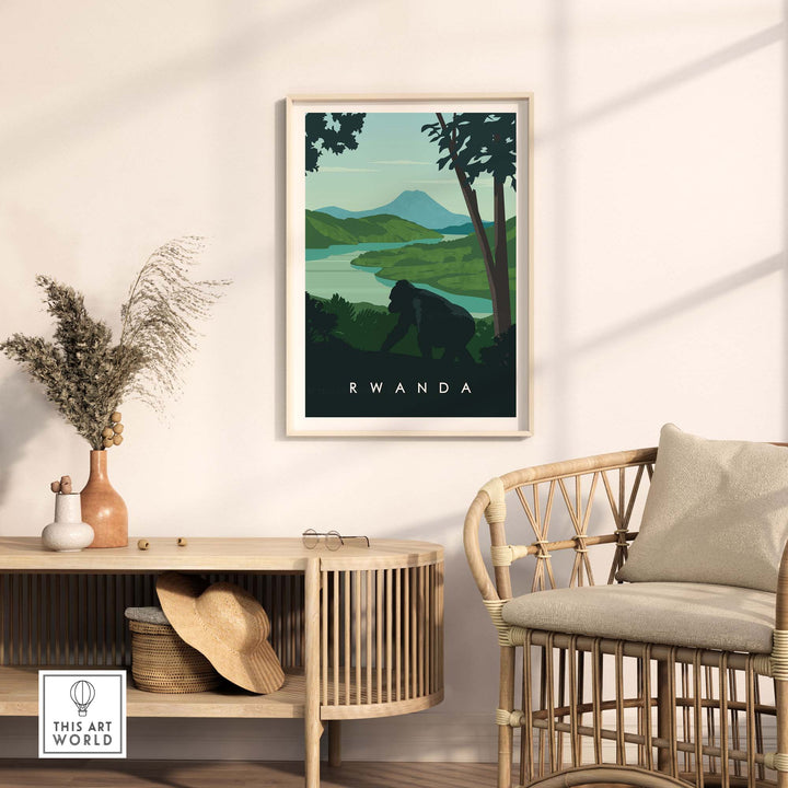 Rwanda travel poster print featuring lush landscapes and a mountain gorilla, perfect for safari-inspired decor.