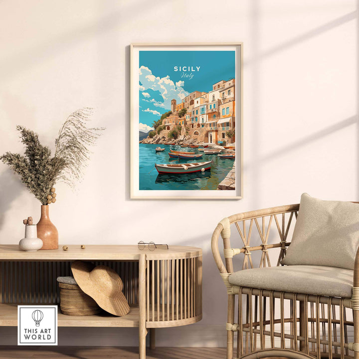 Sicily wall art print showcasing Italian coastal scenery, framed and ready to enhance any room decor.