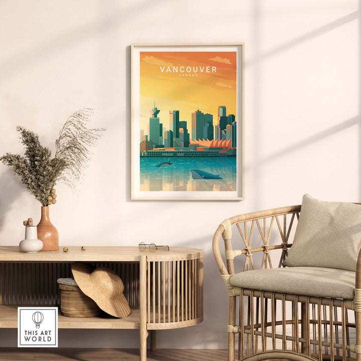 Vancouver Canada travel poster print showcasing whales, skyline, and sunset, perfect for home decor or art collection.