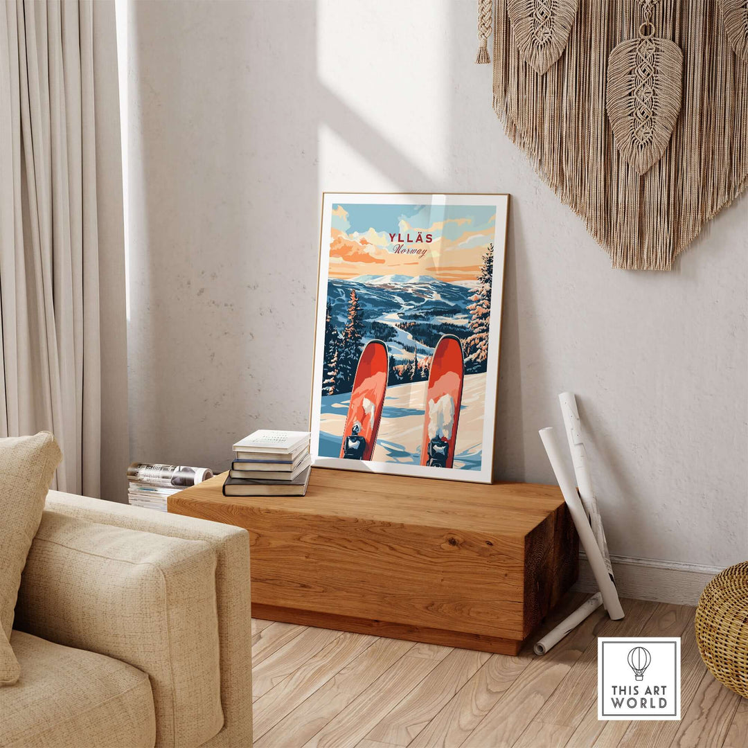 Ylläs Norway ski poster showcasing vibrant ski prints in a cozy winter landscape setting.