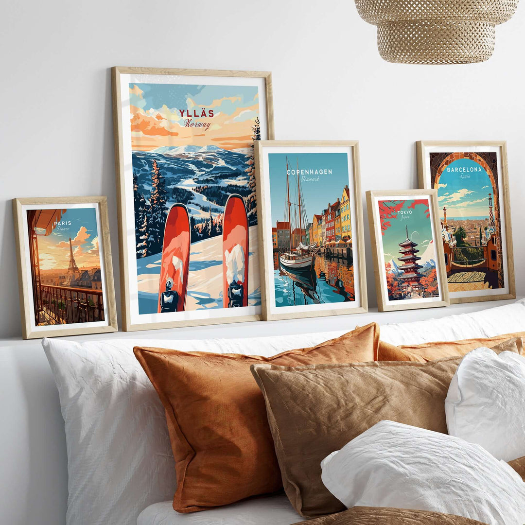 Ylläs Norway ski poster featuring scenic winter landscape wall art with vibrant colors and ski gear.