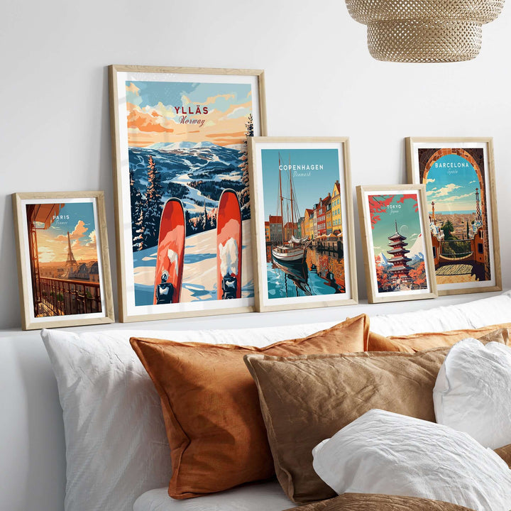 Ylläs Norway ski poster featuring scenic winter landscape wall art with vibrant colors and ski gear.