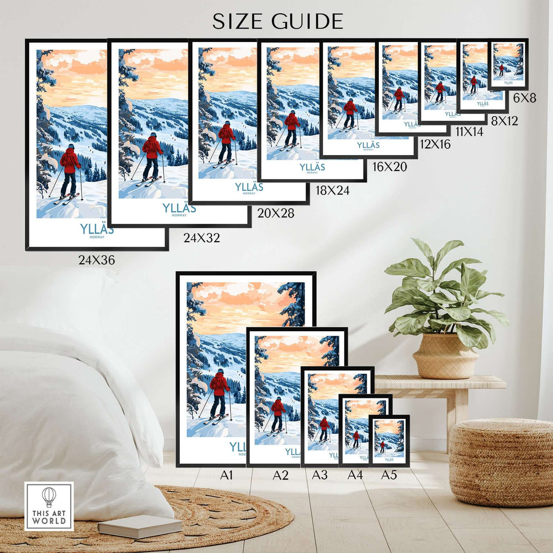 Size guide for Ylläs Norway wall art featuring various frame sizes for skiing illustration.